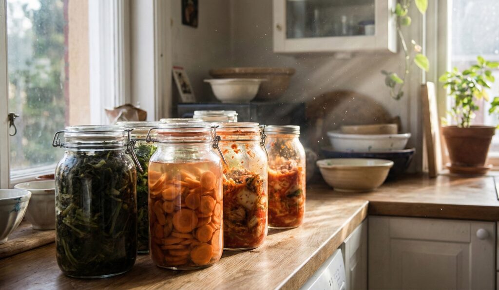 barattoli cibo fermentato carote kimchi