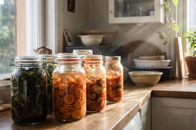barattoli cibo fermentato carote kimchi